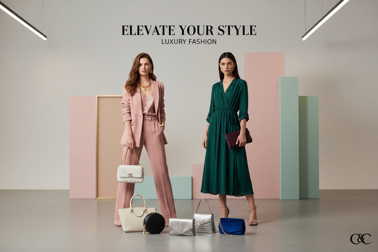 gere pra mim uma imagem para banner soobre a moda femenina com duas mulheres bem estilosas e no chao tem umas bolsas 